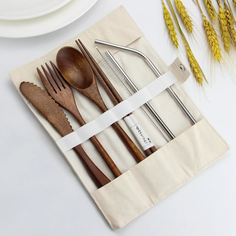 
Оптовая продажа, дорожные портативные многоразовые черные органические бамбуковые столовые приборы, набор столовых приборов в сумке 