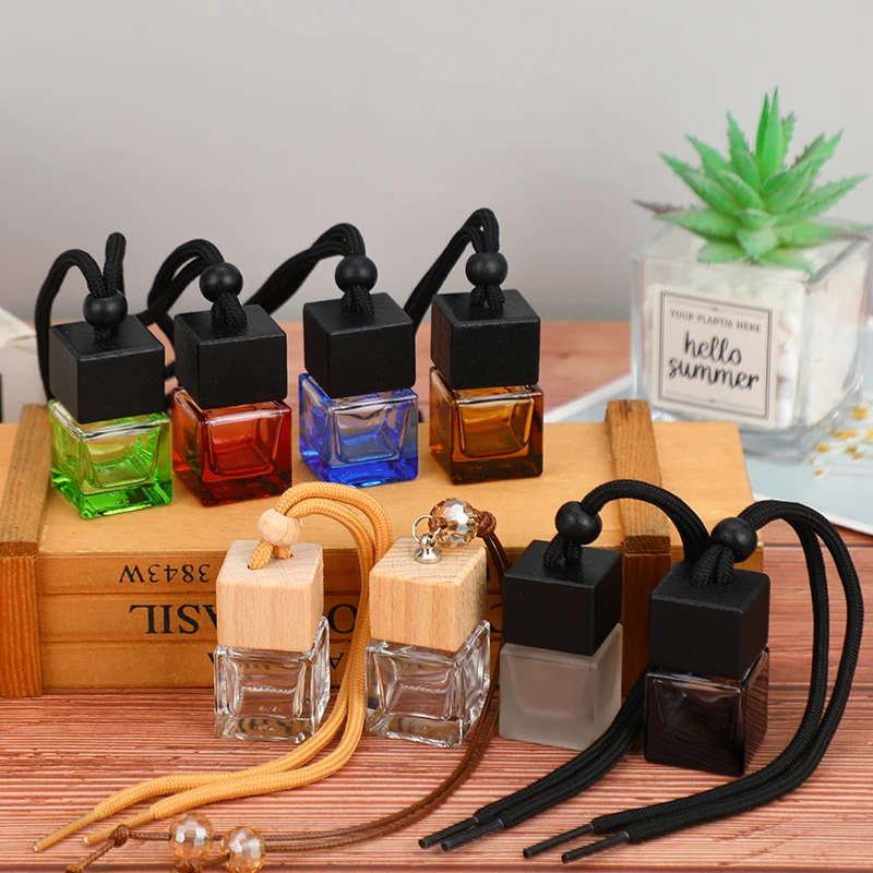 Wooden Square Air Perfume Freshener Hanging Decoration Wood Glass Essential Oil BottleCar Air Freshener OrnamentEmpty Clear