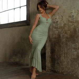 Summer Camisole Mermaid Dress Fashionable Sexy Tight Fitting Pleated Long Dress Mesh Shirring Bodycon Dress