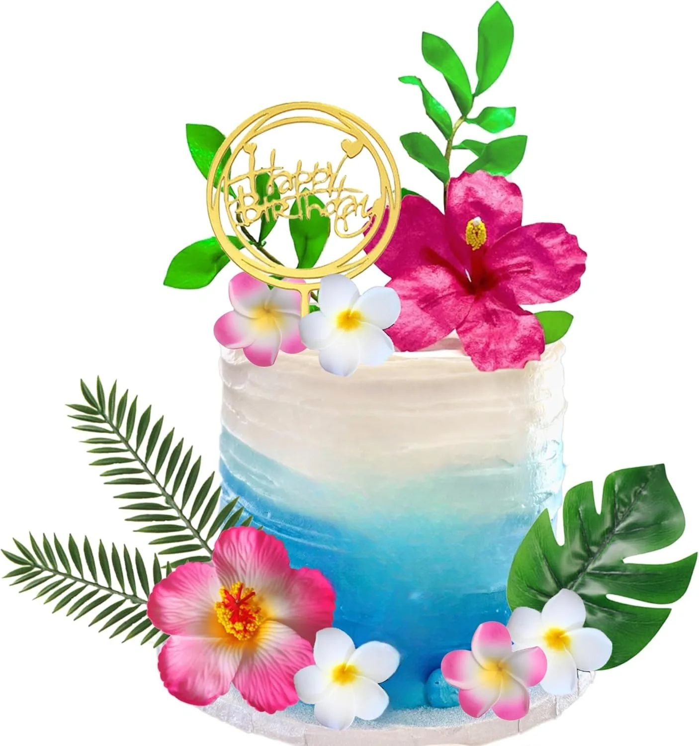Hawaiian Flower Cake Decoration Hibiscus Flower Palm Leaf Happy Birthday Flamingo Cake Topper