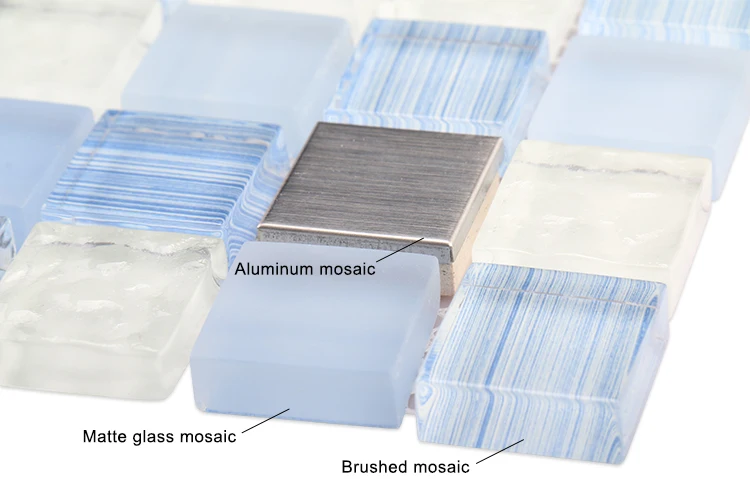 Cheap price mosaico square white blue brushed glass stainless steel bathroom tiles wall mosaics