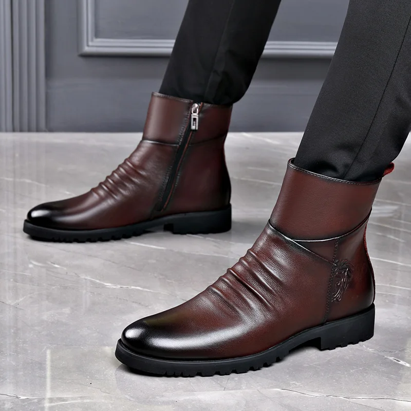 mens soft leather dress boots PARTY - Casual Lace-up Chukka Boots for Men,LINUS-TAN-8 Full Grain Cowhide Leather Upper Naturally Milled Men's Leather Retro Classic Dress