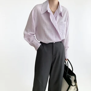 Custom Women's Light Purple Striped Long Sleeve Button-down Shirt with Chest Pocket