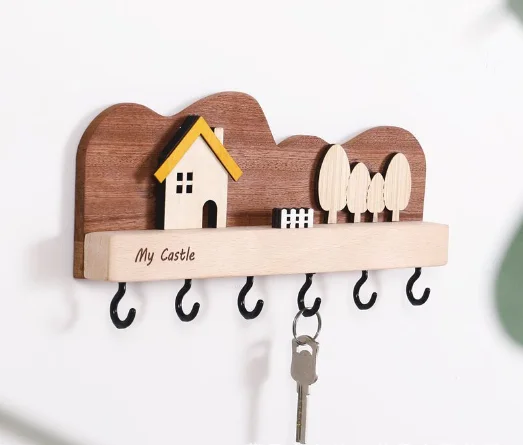 Cute Cartoon Wooden Wall Mounted Key Organizer Home Decoration Behind ...