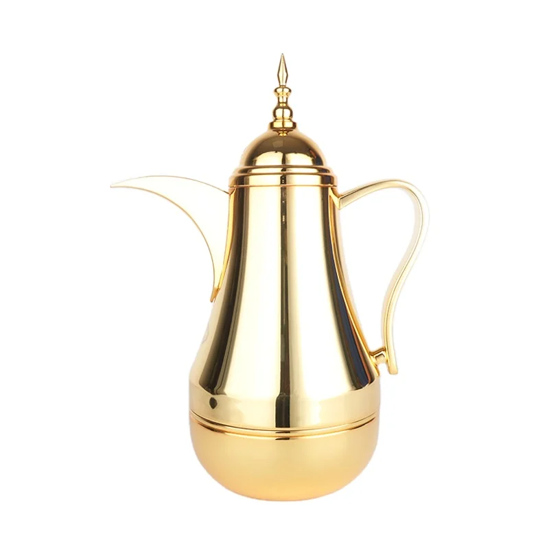 TURKISH STYLE NOBLE GOLDEN 1000ml LONG MOUTH DALLAH METAL BODY GLASS VACUUM FLASK THERMAL JUG