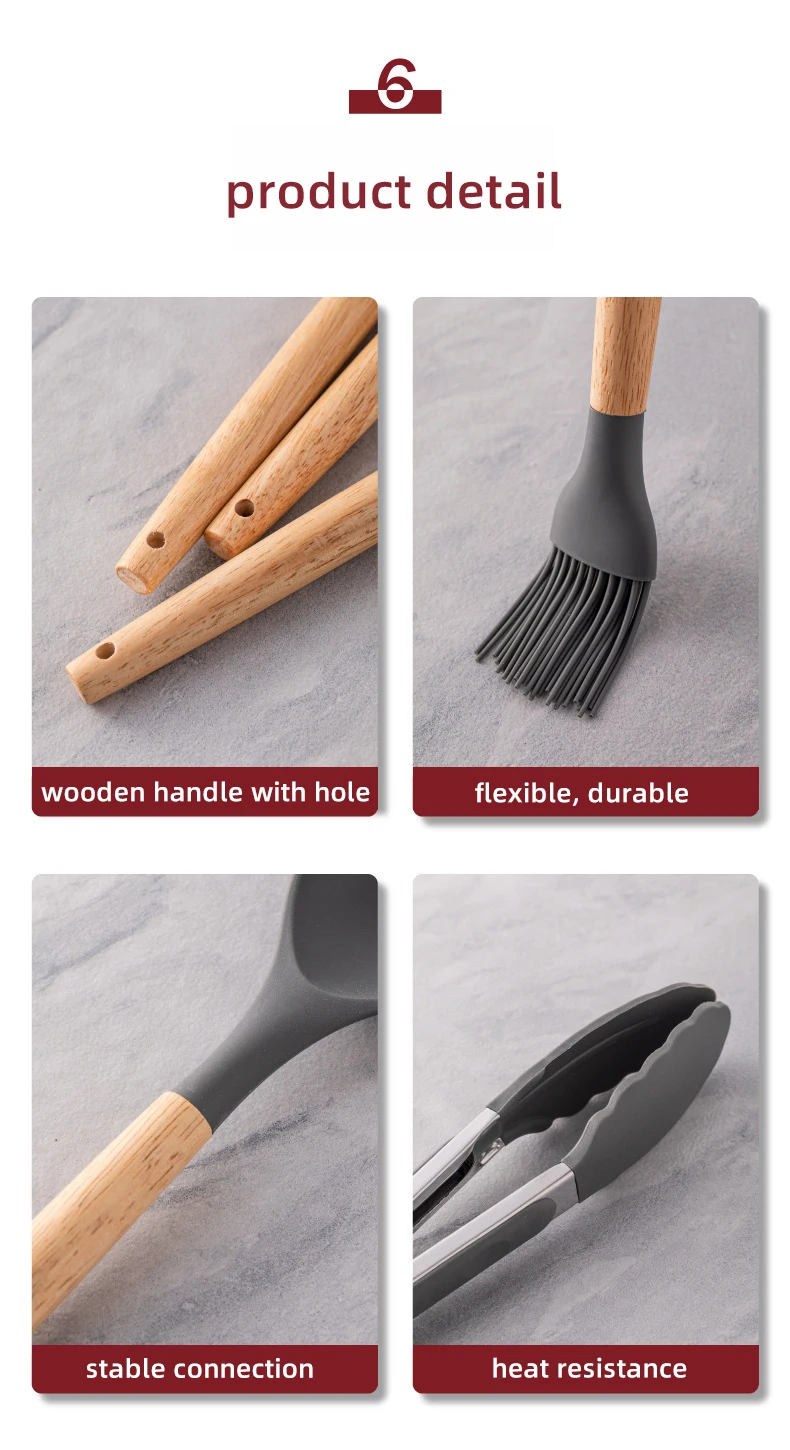 12 Piece Silicone Kitchen Utensils Set Heat Resistant Cookware Wooden ...
