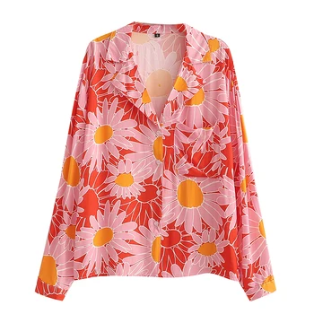 Red color floral print notched collar long sleeve button up women fashion top casual blouse with pocket