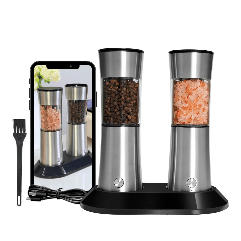 Automātiskais USB uzlādējamais nerūsējošā tērauda sāls un piparu smalcinātājs ar LED gaismu un litija bateriju