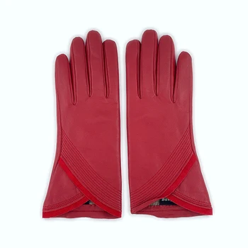 Unique Cuff Design Rose Red Color Fashion Ladies Winter Warm Sheepskin Leather Gloves