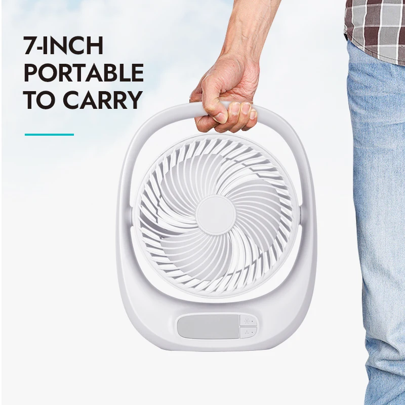 7-Inch Table Desk Fan Light Portable Type-C Rechargeable Fan Home Car Outdoor Use 3 Wind Speed 5V Electric Power Made Plastic