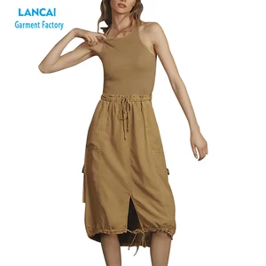 Fashion Custom Slit Women Cargo Skirt Personality Pocket Stitching High Waist Bow Skirt Women