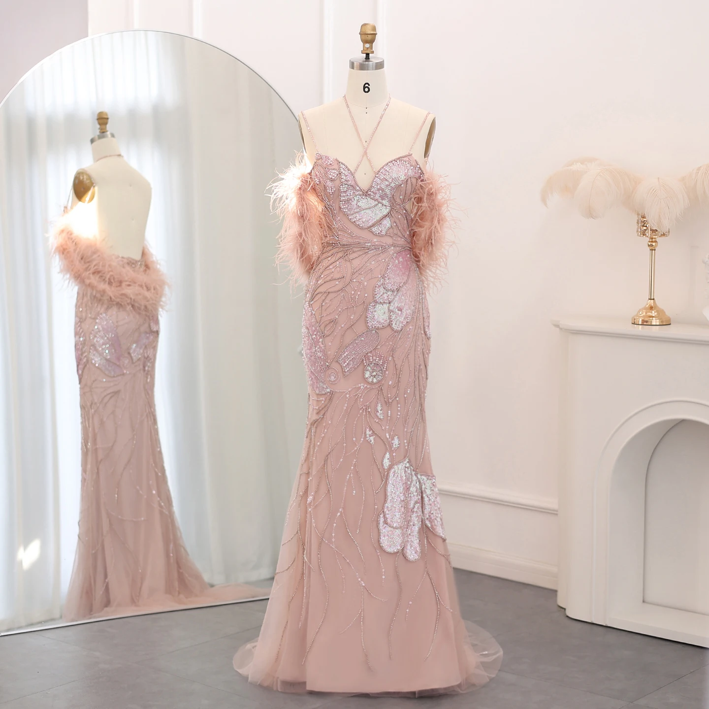 Luxury Mermaid Pink Evening Dresses With Feathers Scarf Spaghetti ...