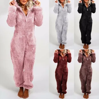 Fall And Winter With Fleece And Thick Furry Jumpsuit And Hooded Pajamas Winter Long Onesie Adult Pajamas Women