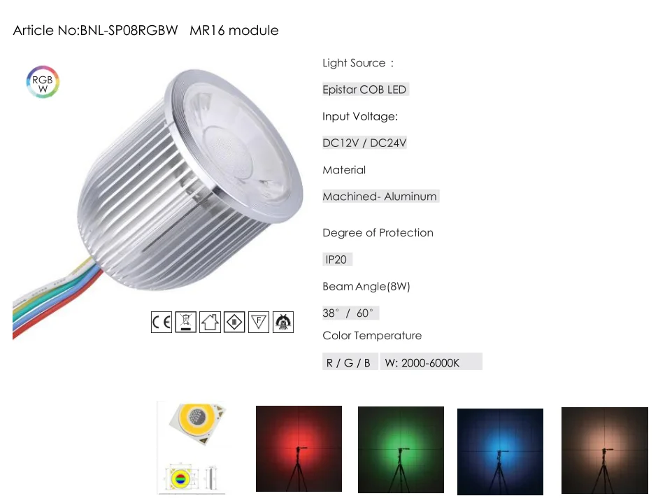Smart Home Use 4 in 1 Rgbw MR16 Module 8W COB LED for KNX DALI PWM Loxone DMX Benory 60degree 24V RGBW CW Mr16 Spot