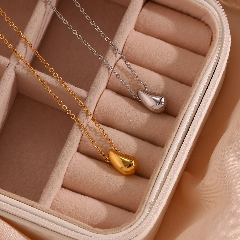 Wholesale Fashion Jewelry Non Tarnish Womens Stainless Steel Necklace Pure 18K Gold Water Drop Pendant Necklace