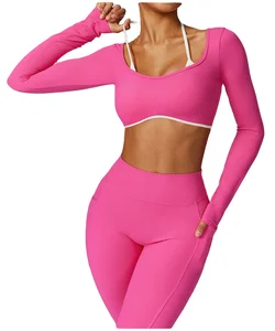 Wholesale Custom Workout Sets for Women 2 Piece Outfits Seamless High Waist Leggings Yoga Long Sleeve Crop Tops Athletic Gym Set