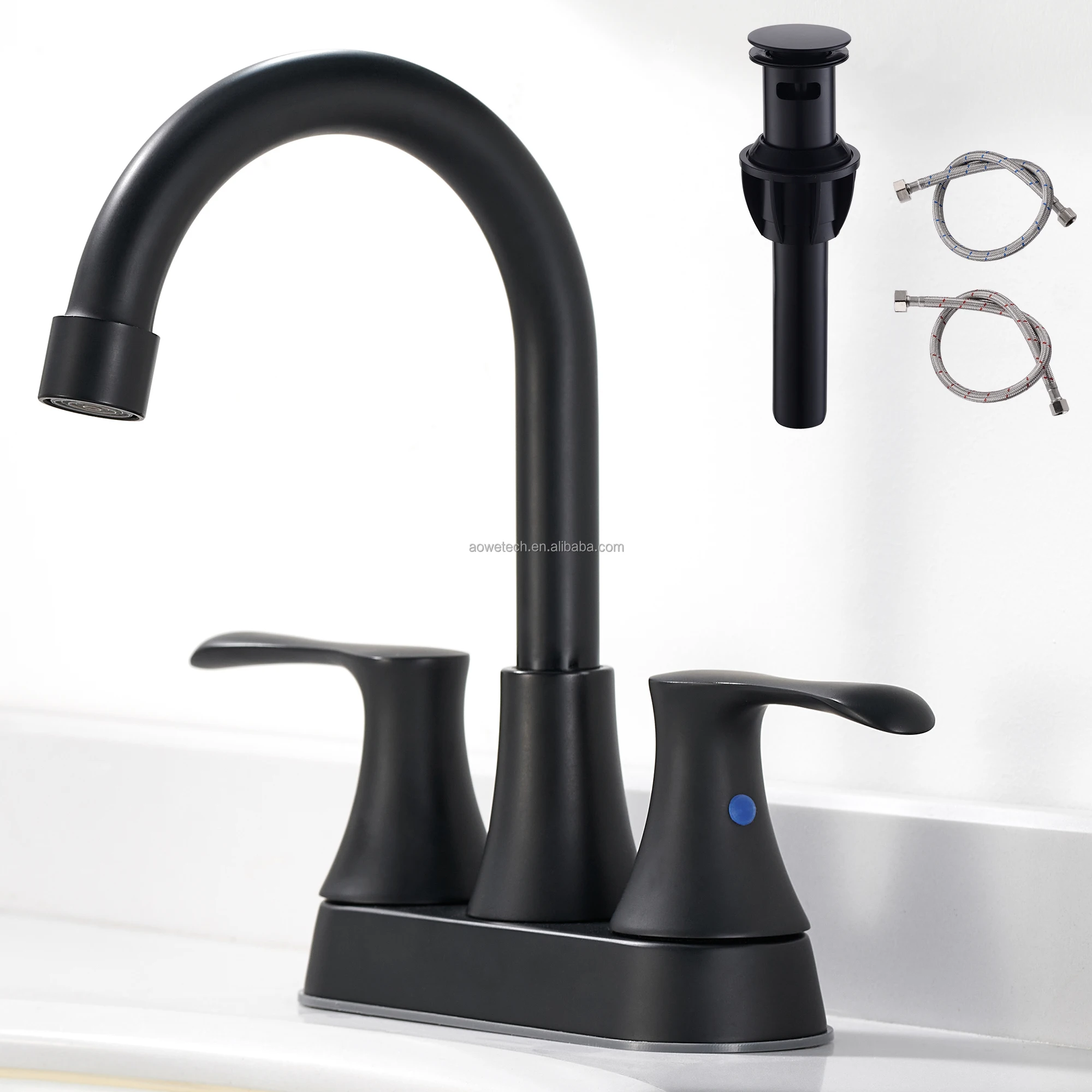 Modern Polished Black 4 Inch Centerset Touchless Ceramic Deck Mount Bathroom Sink Faucet Dual Handle High Arc Goose Neck 3 Hole
