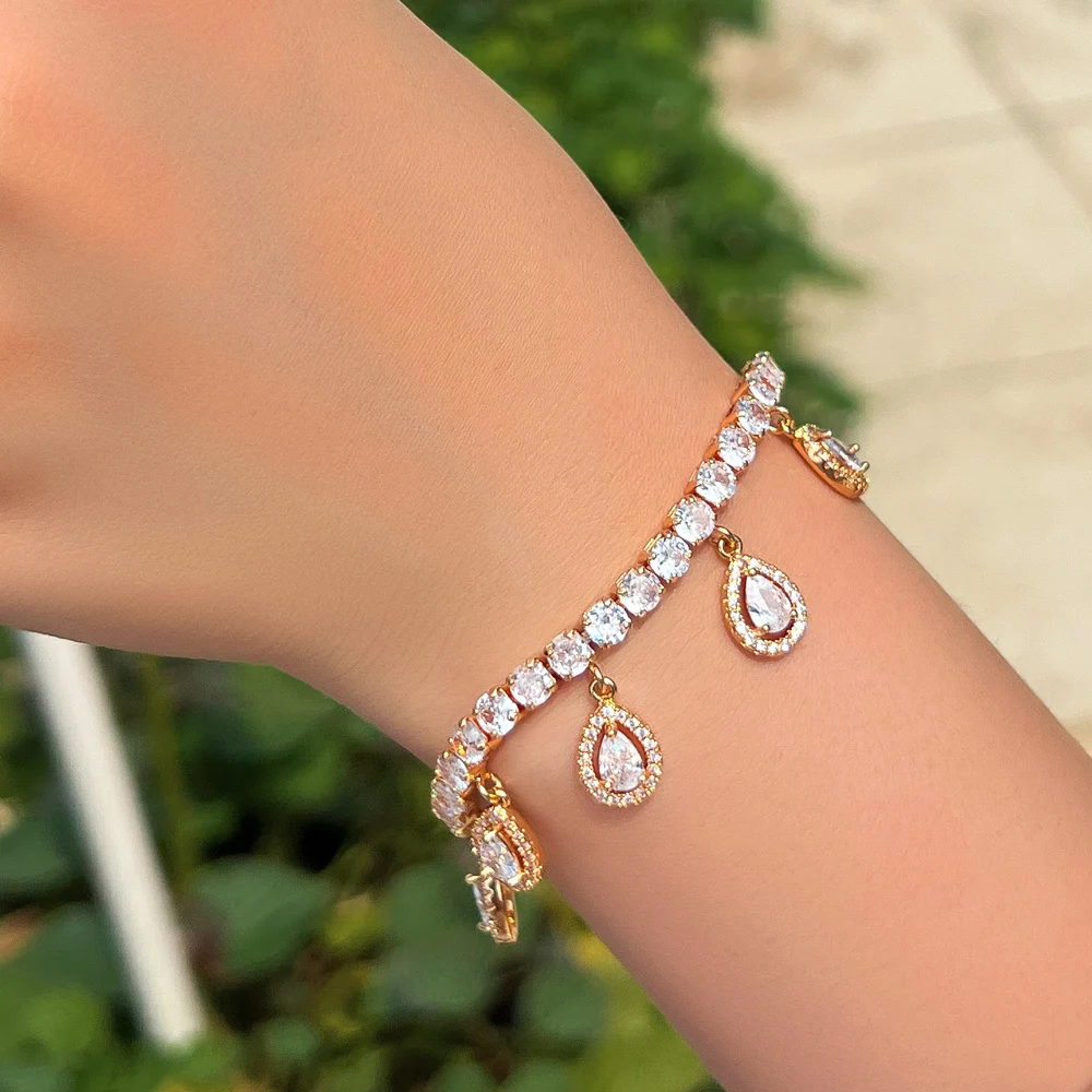 Adjustable Size Shiny Water Drop Cz Stone Dangling Bridal Charms Chain