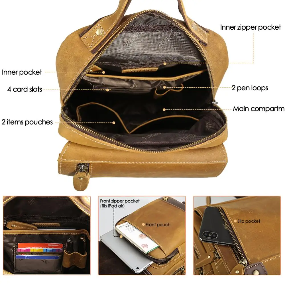 Tiding Custom Vintage Mini Genuine Leather Chest Crossbody Cowhide Casual Sling Bag Backpack for Men