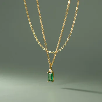 fashion 925 sterling silver necklaces rectangular green white zircon gold plated necklaces for women