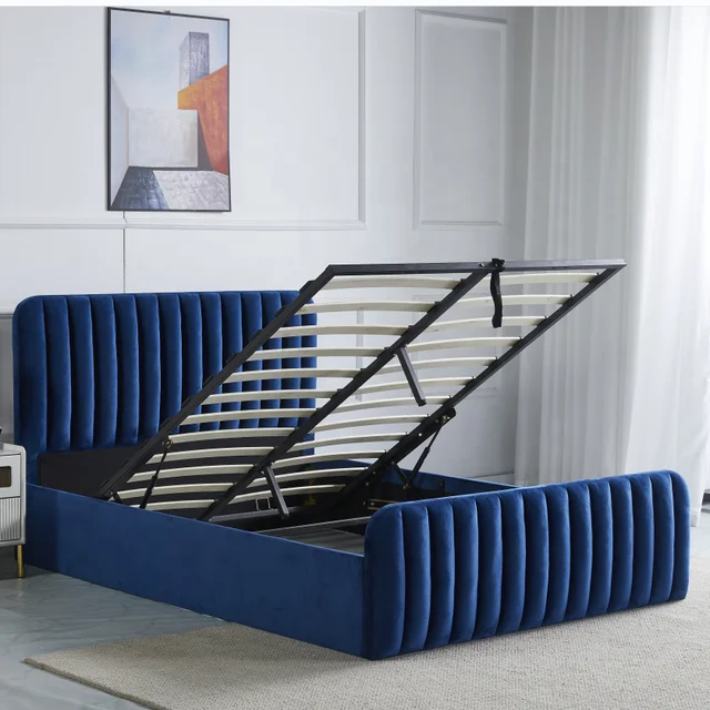 New Arrival Hotel Modern Bed Set Upholstered Velvet Gas Lift Storage king Queen Size Bed Frame