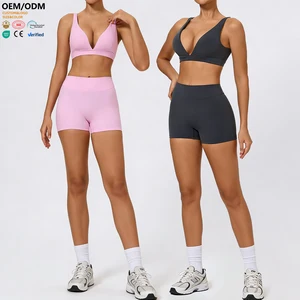 XW-XTTZ420-6 Custom Slimming Shorts v Neck Bra Butt Lifting Breathable Gym Clothing Women Chest Pad 2 Piece Yoga Wear Set
