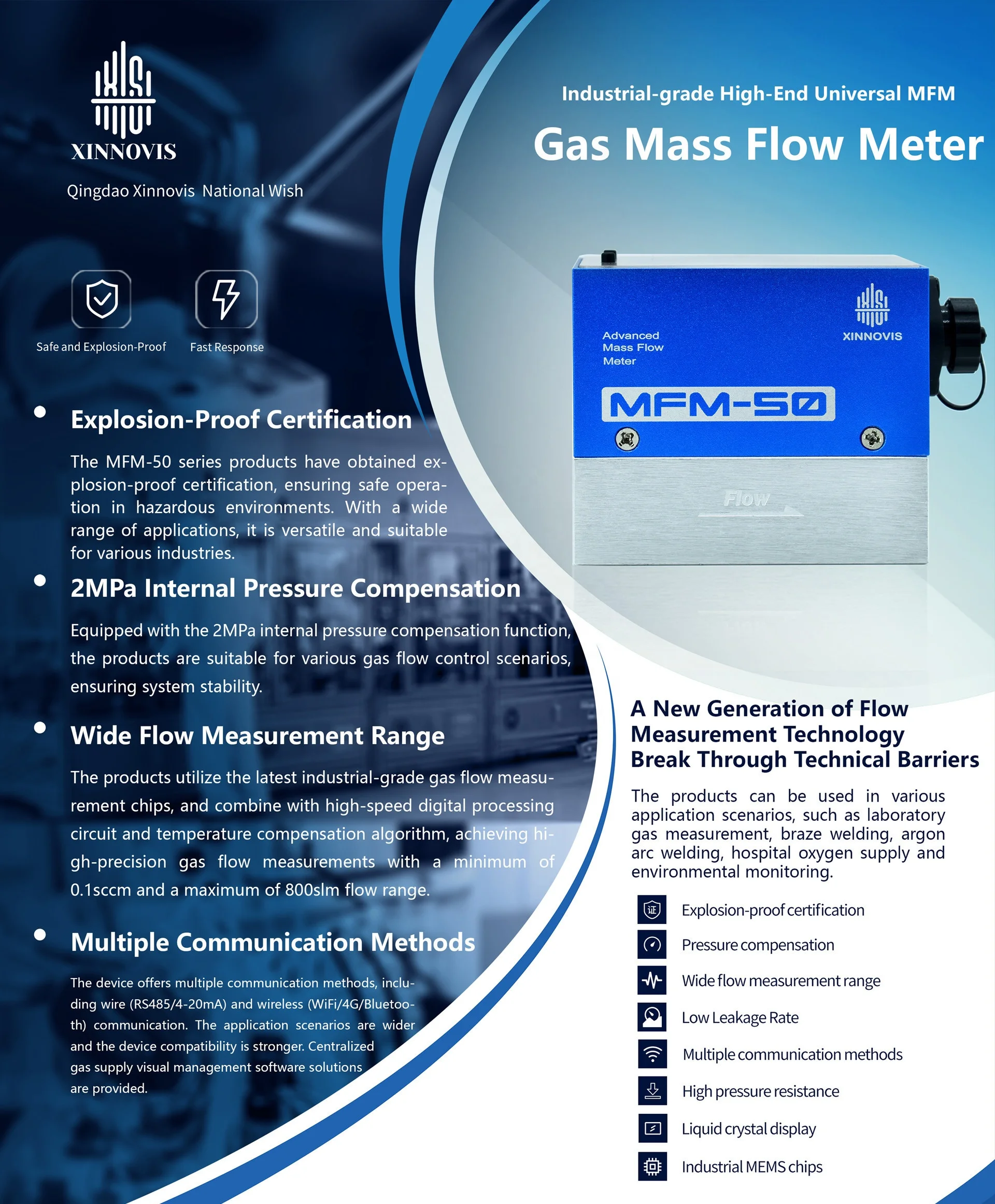 Mass Flow Meter for Gas Air N2 H2 O2 Ar He CH4 CO2 C3H8 0.01 ~1000slm RS485 4~20mA Xinnovis Factory Mass Flow Controller