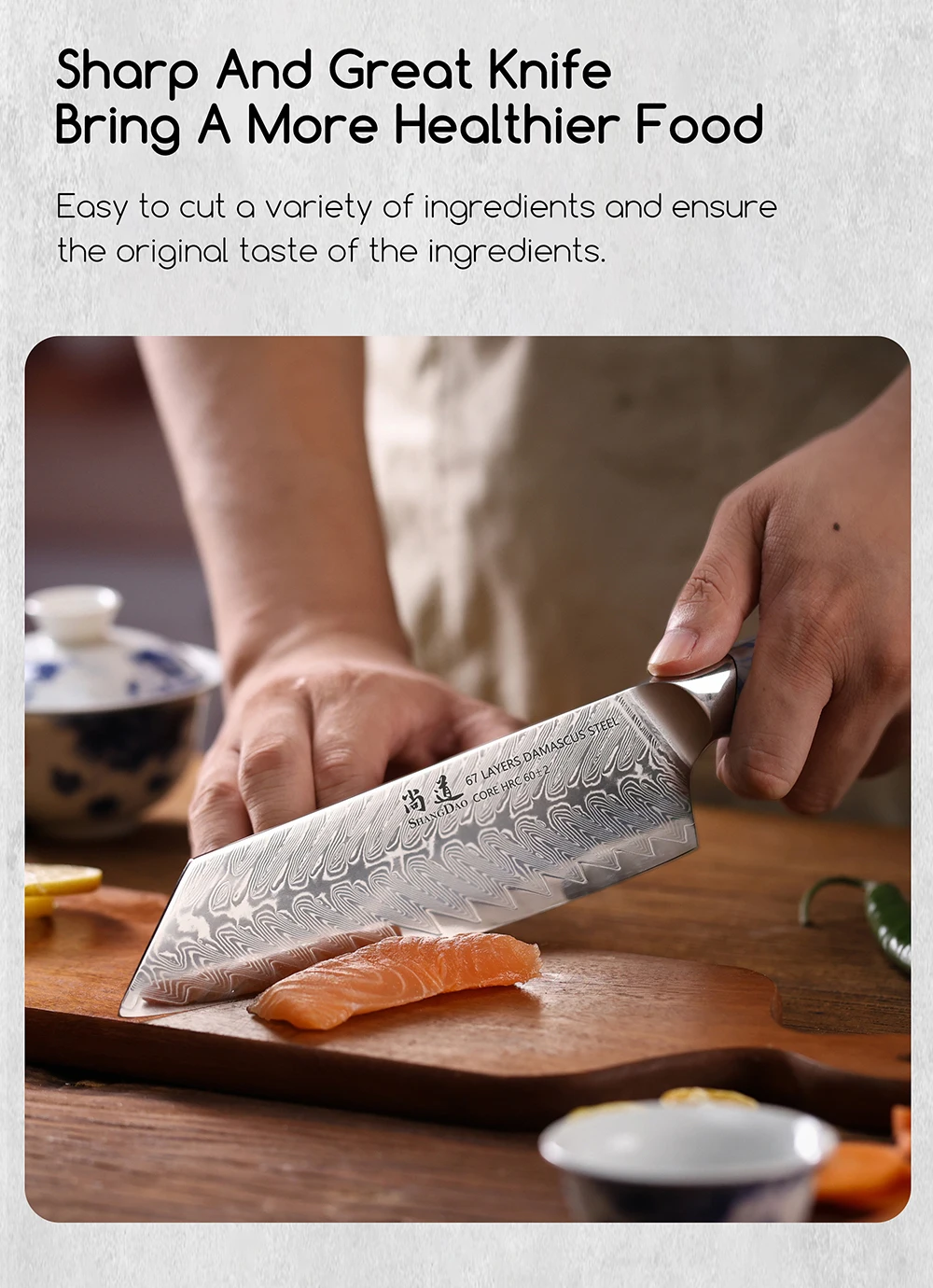 Cuchillo de chef SHANGDAO Kiritsuke de 8 pulgadas, cuchillo rebanador de cocina de acero de Damasco forjado con mango de resina azul y blanca - Espiga completa_voghion.com