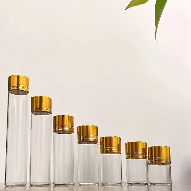 Wholesale Transparent 10ml 15ml  Mini Glass Test Tube Vials Packaging Bottles for Food Tea Storage With Silver Metal Screw Cap