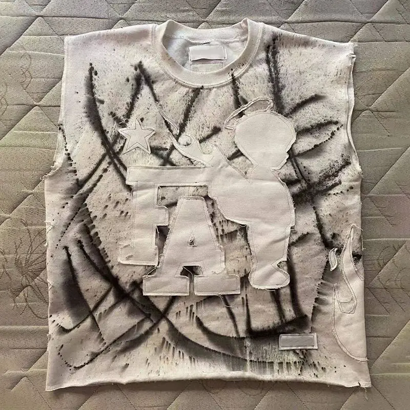 Custom Graphic Tie Dye Patchwork Embroidery Patch Sleeveless Cut and Sew T-shirt Cotton Screen Print Vest Tee for Men gallery 7