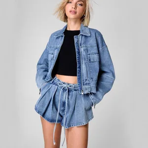 Women's 2026 Casual High Waist Denim Jacket Loose Thin Short Suit with Zipper Pocket Coat