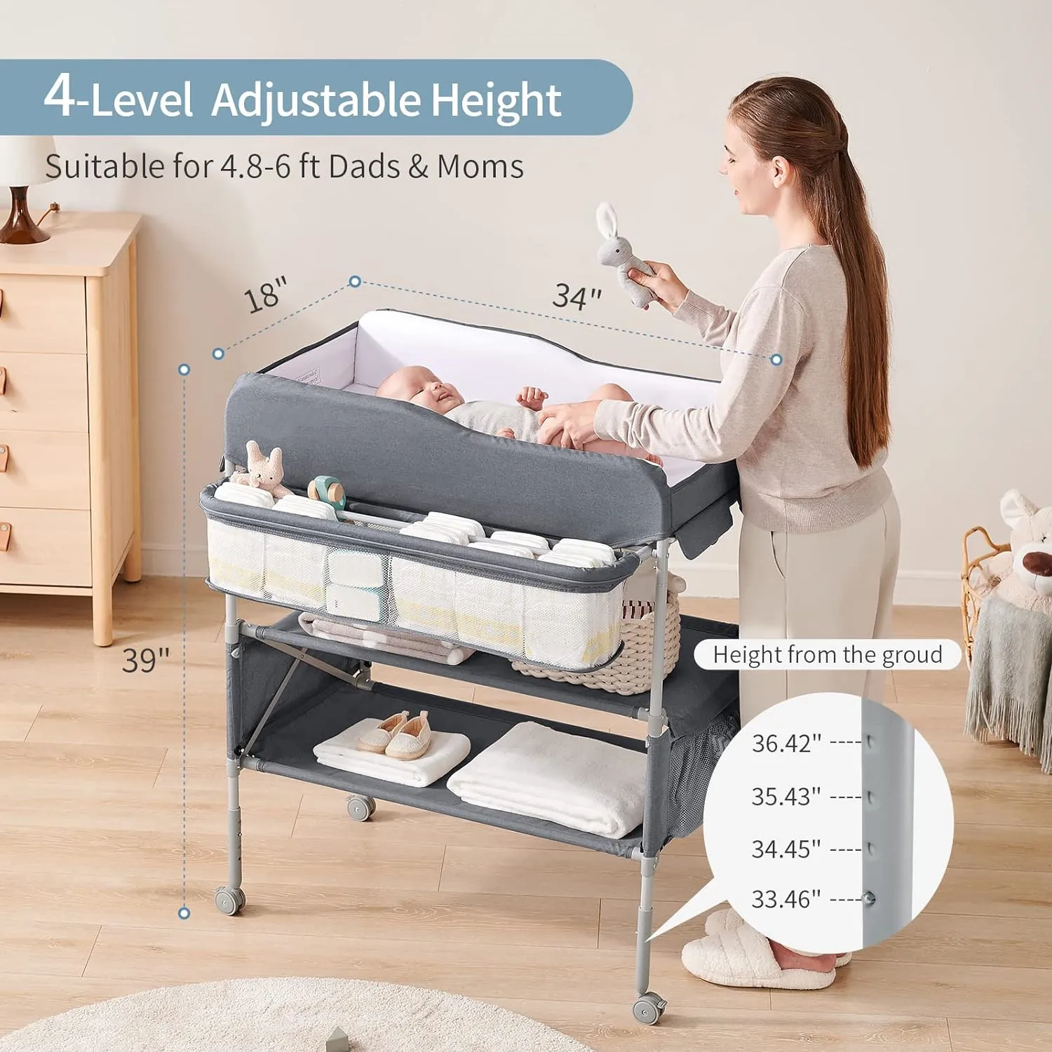 CREATIVE HOBBIES Baby Changing Table Foldable Diaper Change Table With Wheels Adjustable Height Cleaning Bucket Changing Station 2 Tier Storage Rack Infant Newborn Mobil