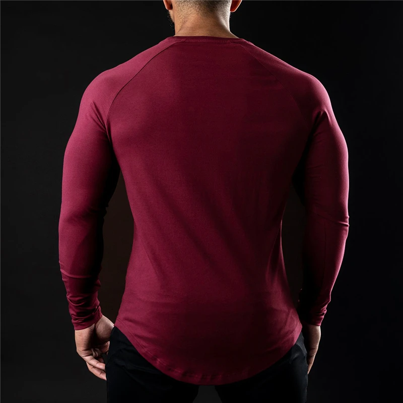 Cotton Elastane Muscle Slim Fit Crewneck Custom Factory Support Wholesale Gym Fitness Clothing Mens Long Sleeve T Shirt