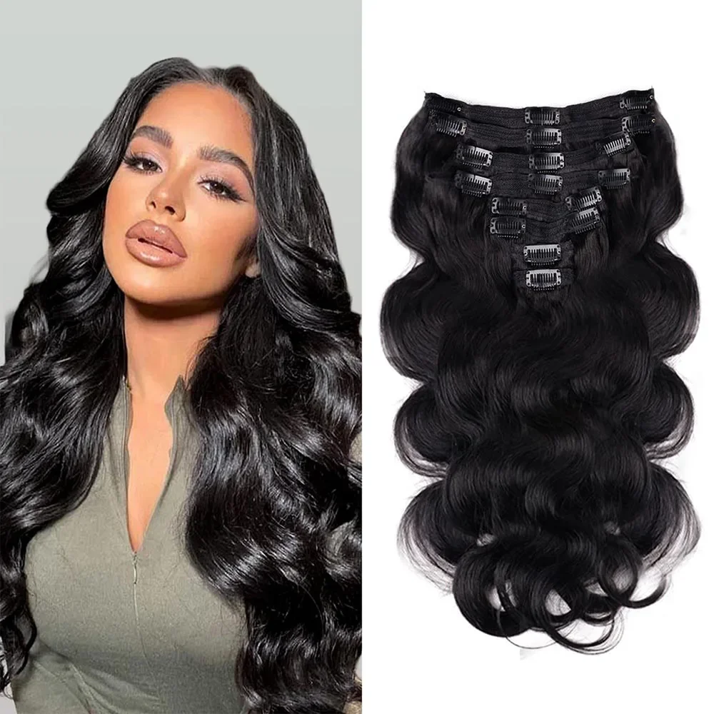 Clip-In-Haarverlängerungen aus Echthaar, gewellt, natürliches Schwarz, gewellt, 10-26 Zoll, 8 Stück, 120 g_voghion.com