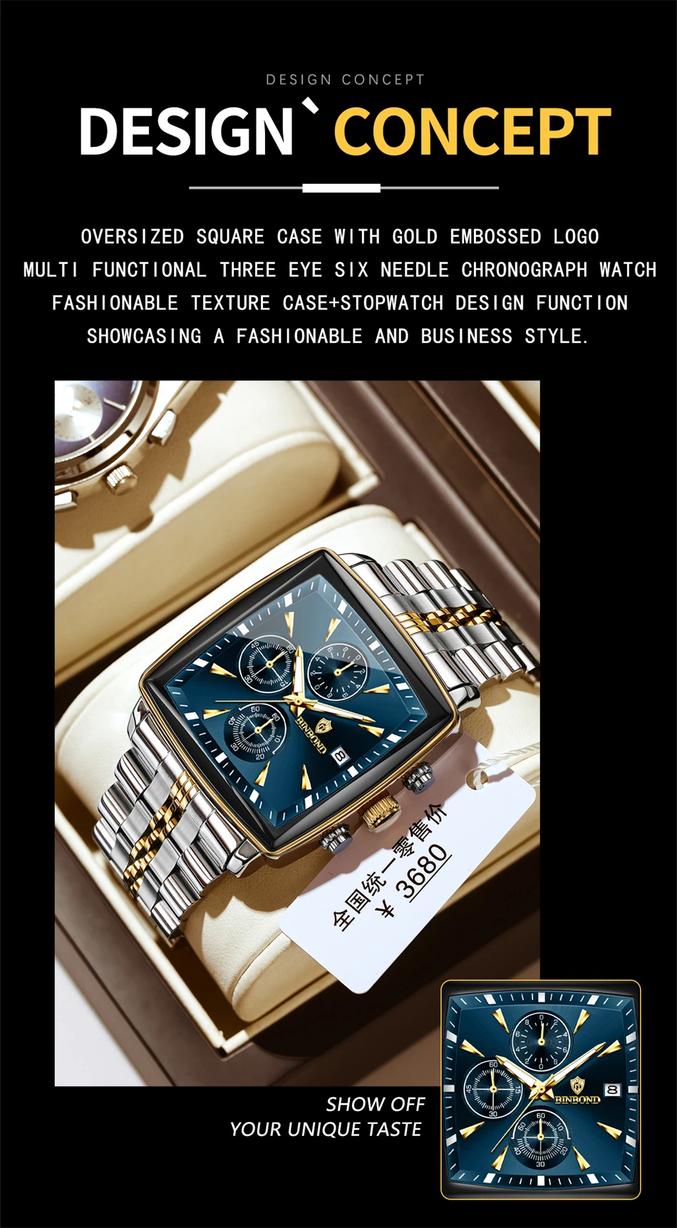 BINBOND Luxury Gold Blue Square 40mm Chronograph Dial Watch for Men B911