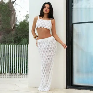 STOCK Plain Women Bandeau Bikini Top and Skirt Set Knitted Crochet Beachwear Cover Ups S-L