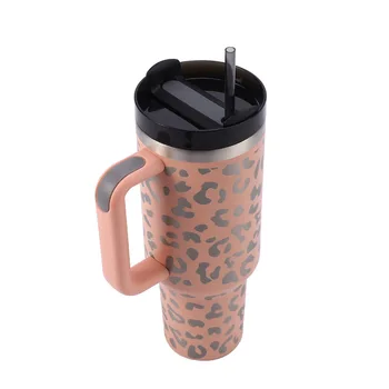 40 oz Stainless Steel Double-Wall Vacuum Insulated Travel Mug Leopard Design BPA-Free 100% Leak-Proof Tumbler Handle Straw Gym