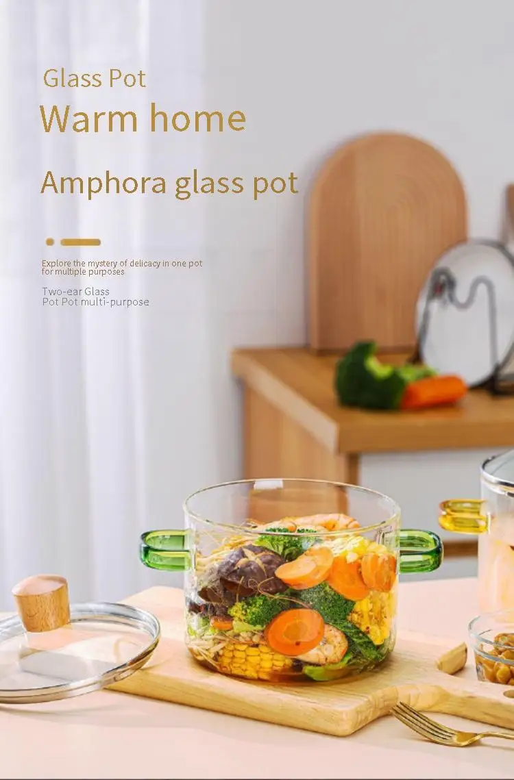 Thickened High Temperature Resistant Transparent Glass Pot Household Double Ear Soup Stew Pot With Lid Instant Noodle Pan