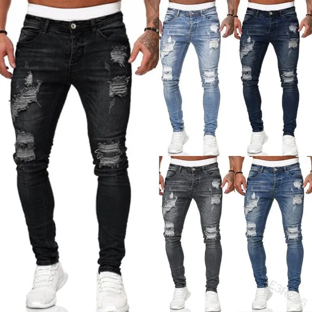 Plus size biker blue jean denim pant high waist mens skinny boy's boyfriend trousers fashion ripped wash distressed men's jeans