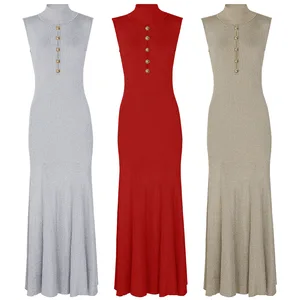 Summer New Stock Arrival Fashion Knitted Glittery Slim Fit Stand Collar Sleeveless Long Dress for Daily
