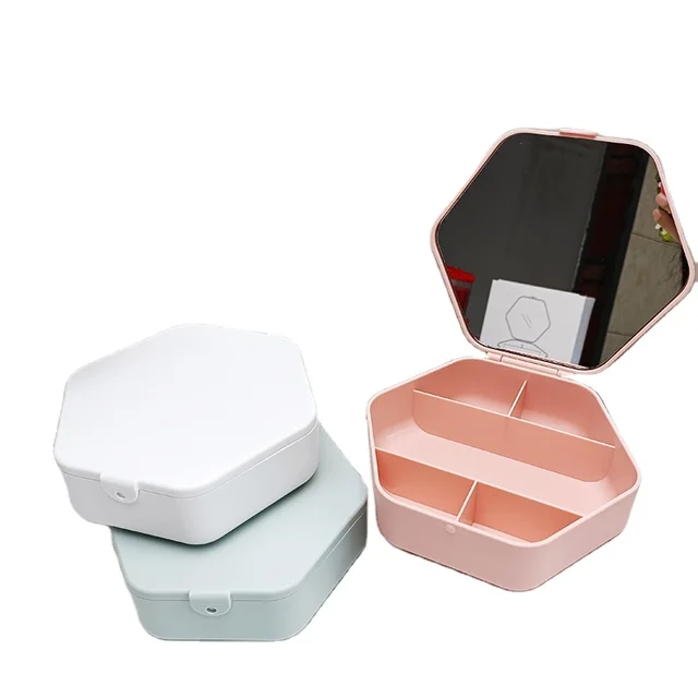 Minimalist Grid Jewelry Storage Case Hexagonal Mirror Jewelry Case support Wholesale Jewelry Case