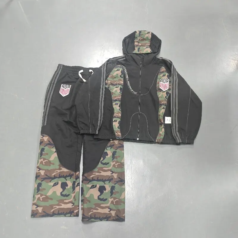 Camouflage Blocked Nylon Windbreaker Matching Joggers Pant Set Lightweight Breathable Jogging Tracksuit Men Streetwear Apparel gallery 7