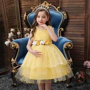 ODM Supply Yellow Fluffy Flower Party Girls Dress Lovely Decorations Knee-Length Kids Princess Dress for Summer Birthday