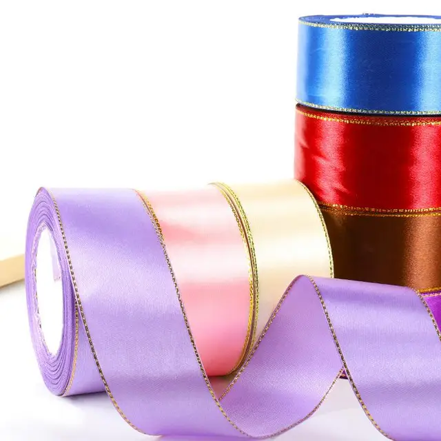 Classical 4CM*25Y Bright Polyester Ribbon Solid Color Satin Ribbon Roll with Gold Edge