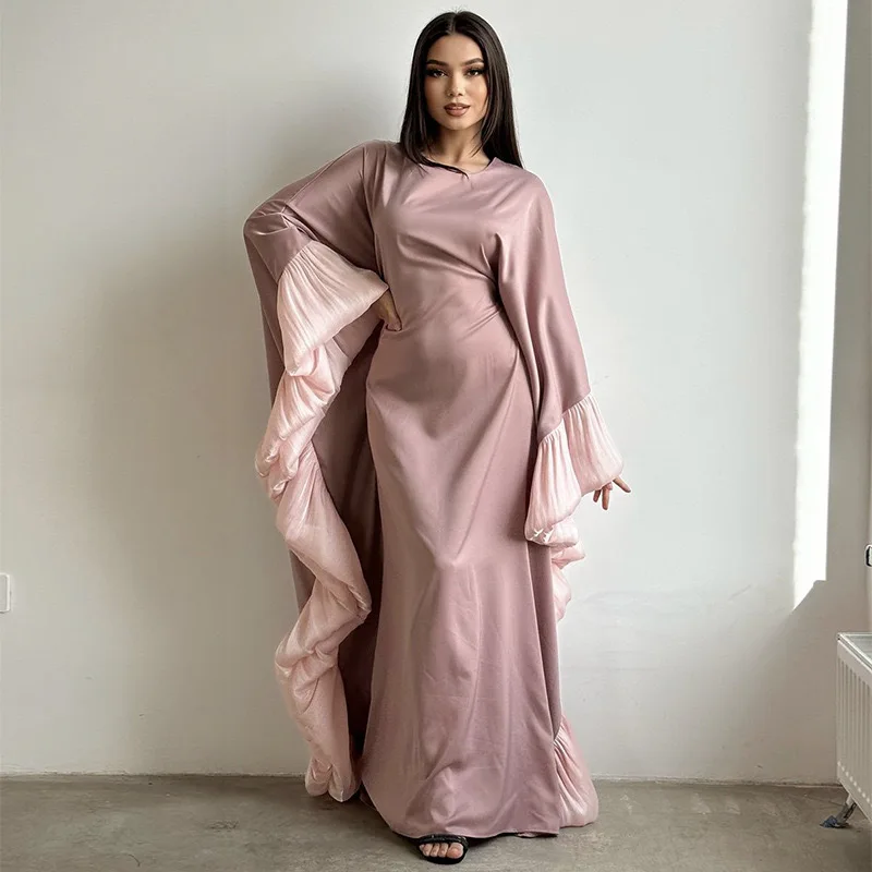 New Luxury Handmade Dubai Pink Modest Dress Muslim Women Satin Ruffled  Sleeve Design| Alibaba.com