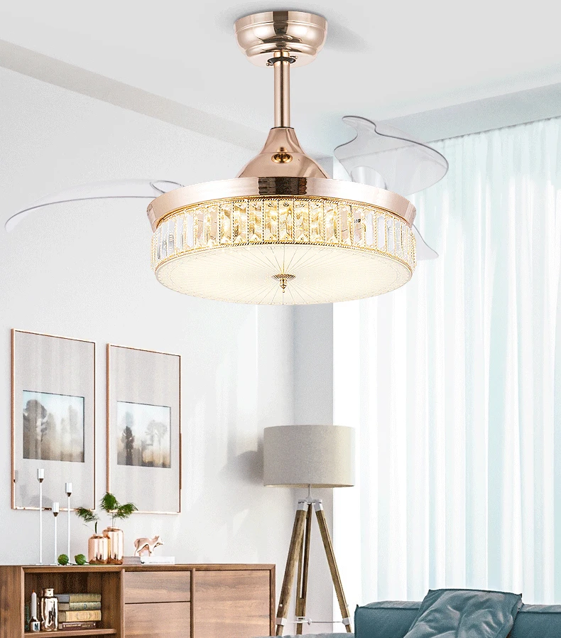 Modern Minimalist Led Ceiling Fan With Invisible Blades Light Crystal