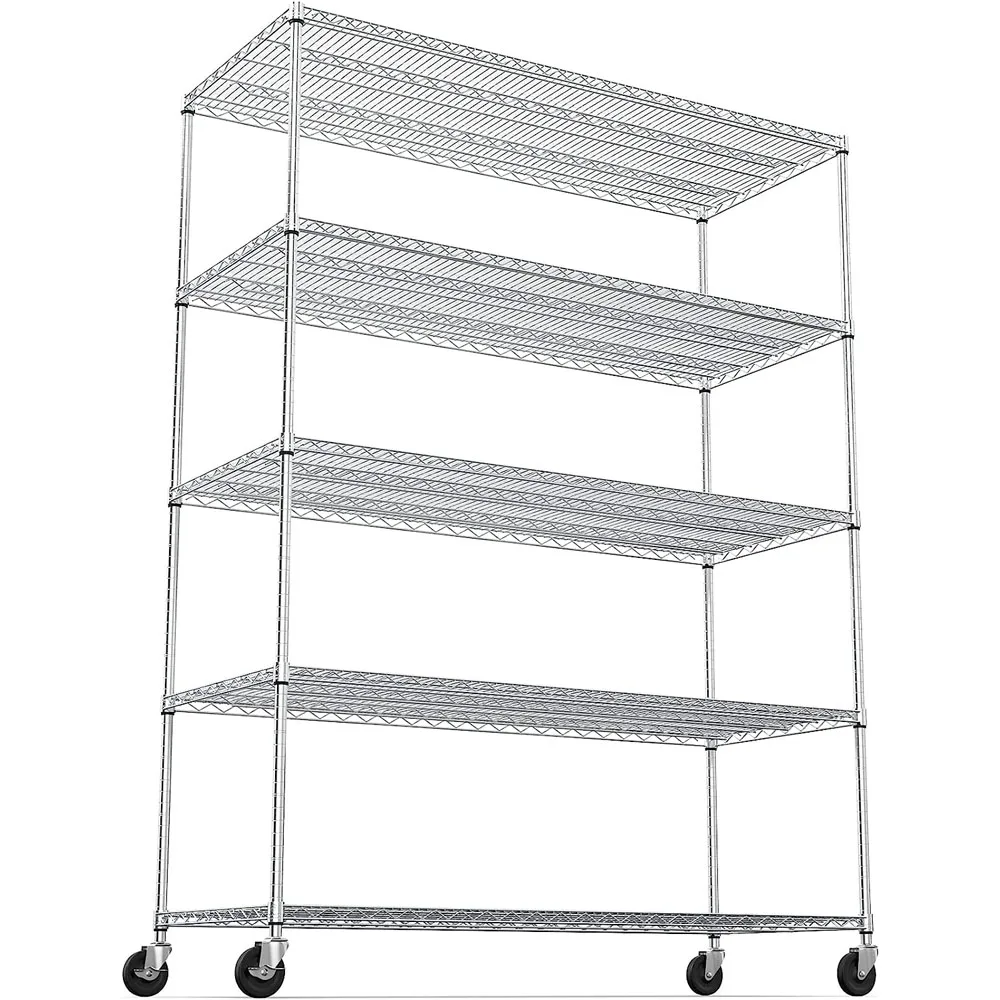 Heavy Duty Adjustable Storage Rack With Wheels & Shelf Liners Chrome 5