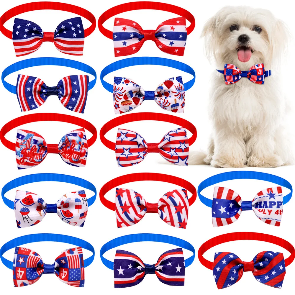 12 Pieces Independence Day Pet Neckties Adjustable Patriotic Dog Tie 4th of July Cat Neckties American Flag Pet Tie for Dogs Puppies Cats Memorial Day 