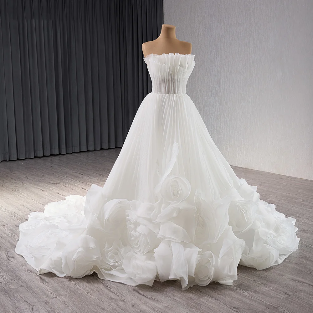 open lace back dress Sweetheart Organza Ruffle Crystal Beaded Wedding Dress Court Train As Picture / US10