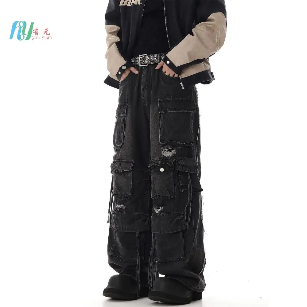 Jeans Cargo Baggy Homme - Pantalon Denim Lâche Style Y2K, Coupe Droite, Poches Multiples, Streetwear, Hip-hop, Décontracté